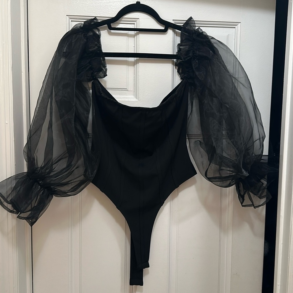 Black dressy bodysuit with long sleeve off the shoulder sheer puffy sleeves